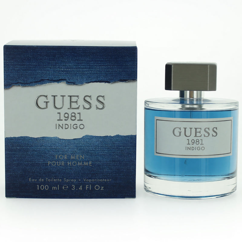 Guess 1981 Indigo men's 3.4 oz EDT spray bottle, sleek design with blue accents, showcasing the Guess fragrance.