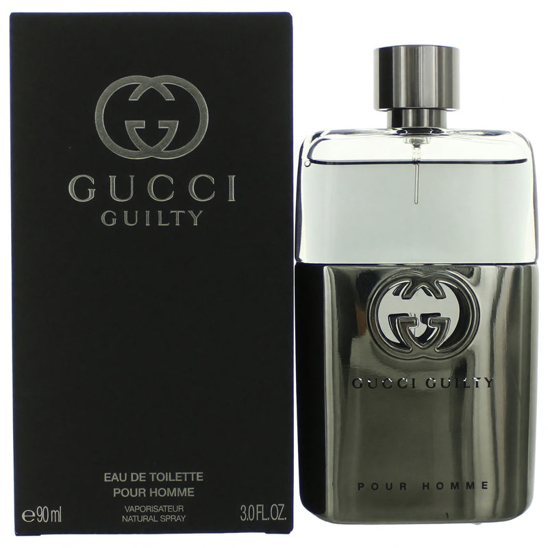 Gucci Guilty Pour Homme 3 oz men's EDT spray bottle with sleek design and black cap.