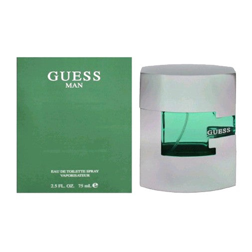 Guess Man by Parlux 2.5 oz men's EDT spray bottle with sleek design and Guess branding.