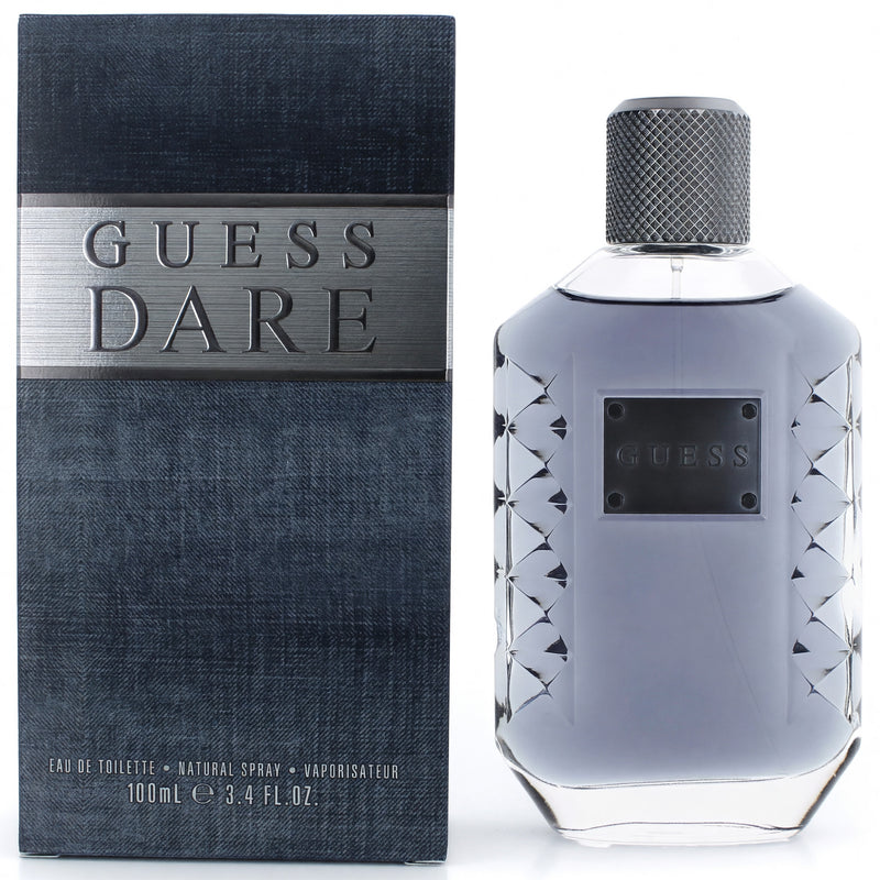 Guess Dare men's 3.4 oz EDT spray bottle with sleek design, showcasing the Guess brand logo and modern packaging.