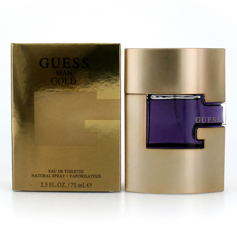 Guess Gold men's 2.5 oz EDT spray bottle, featuring sleek gold packaging and a modern design.