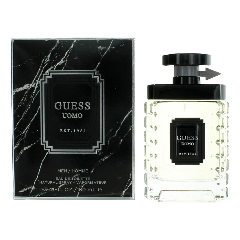 Guess Uomo men's 3.4 oz EDT bottle with sleek design, showcasing the Guess fragrance for men in a clear glass container.