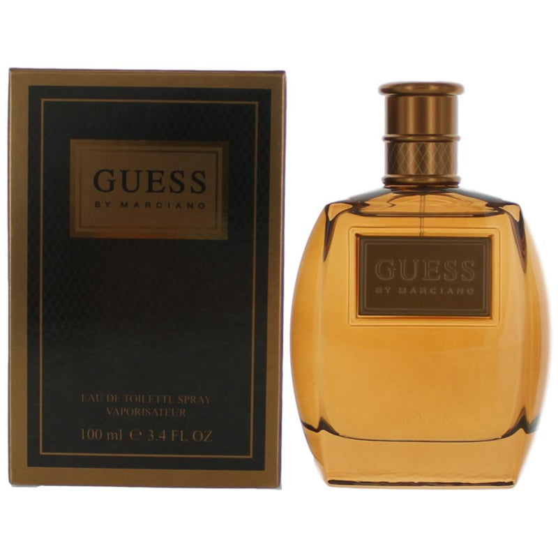 Guess by Marciano men's 3.4 oz EDT spray bottle, sleek design, featuring the Guess brand logo and modern packaging.