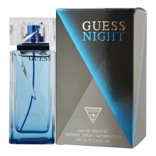 Guess Night men's 3.4 oz EDT spray bottle with sleek packaging and Guess branding visible in the image.