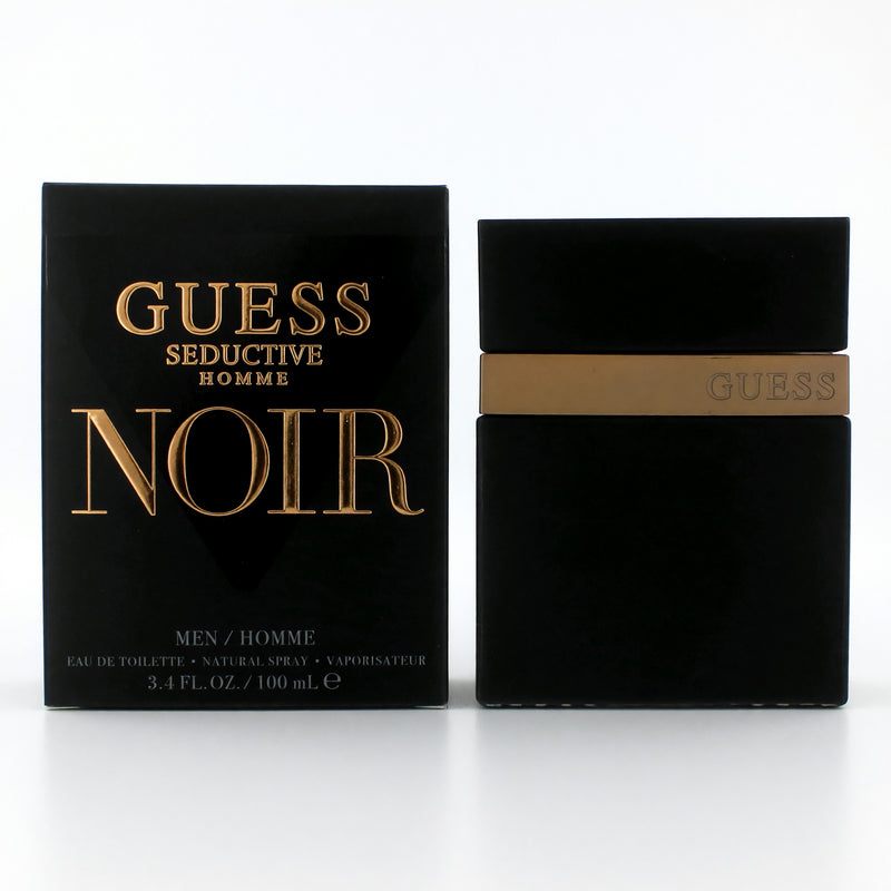 Guess Seductive Noir men's 3.4 oz EDT spray bottle with sleek black packaging and silver accents.