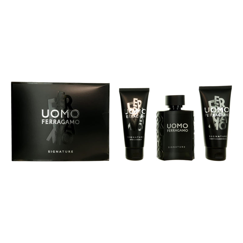 Salvatore Ferragamo Uomo Signature 3-piece men's set including a fragrance, aftershave, and body lotion in elegant packaging.