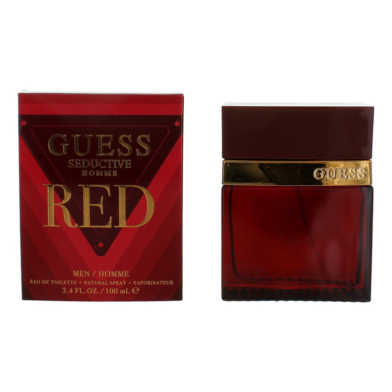 Guess Seductive Homme Red 3.4 oz men's EDT spray bottle, featuring sleek red packaging and a modern design.