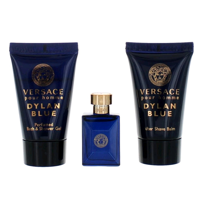 Versace Dylan Blue 3-piece mini gift set for men, including fragrance bottles and packaging, in a sleek gift box.