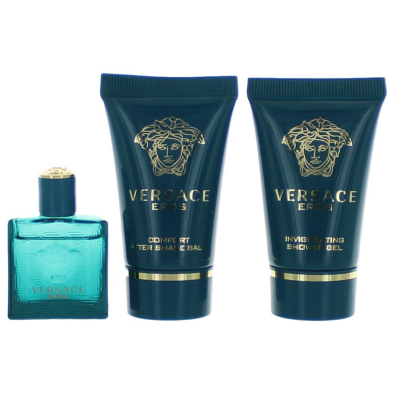 Versace Eros 3-piece mini gift set for men, includes fragrance and grooming products, displayed in a sleek packaging.