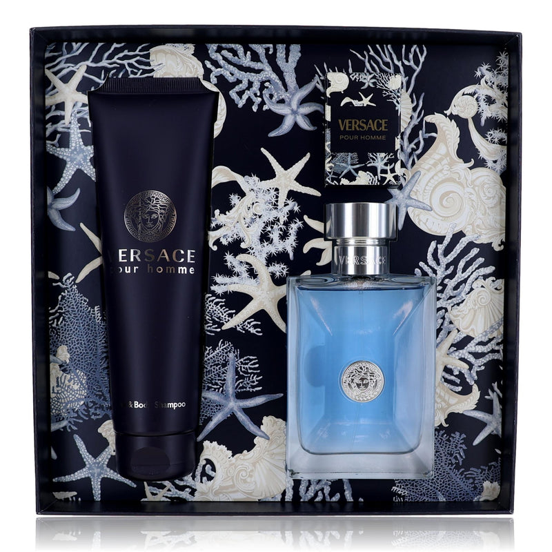 Versace Pour Homme 3-piece gift set for men with mini fragrance bottles and accessories, featuring elegant packaging and design.