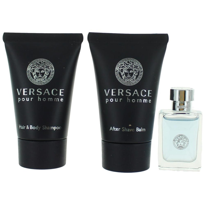 Versace Pour Homme men's 3-piece mini gift set including fragrance bottles and accessories, featuring elegant packaging.