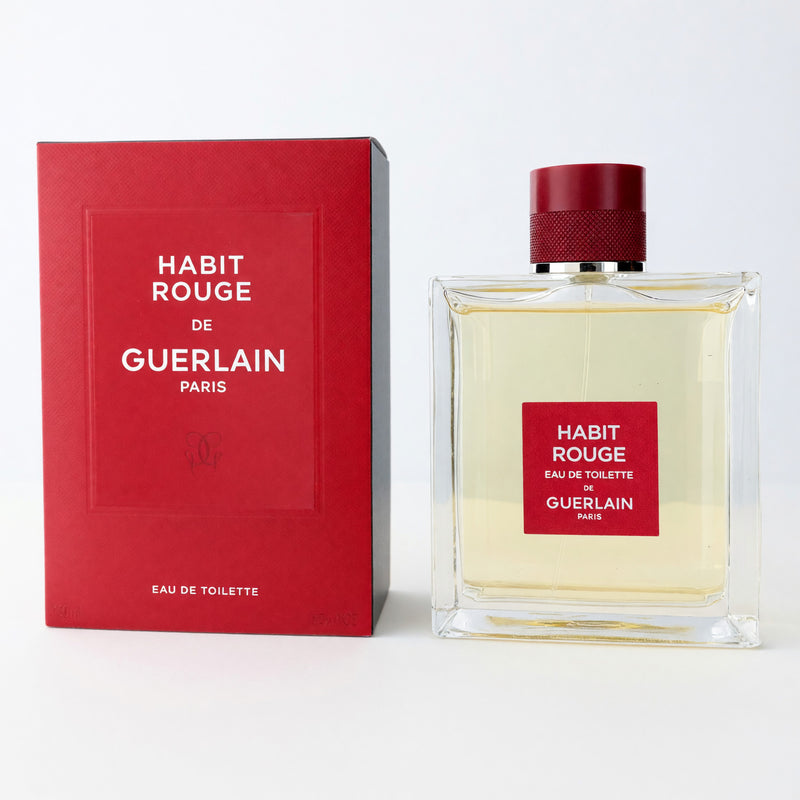 Guerlain Habit Rouge 5 oz men's EDT spray bottle with classic packaging and golden accents.