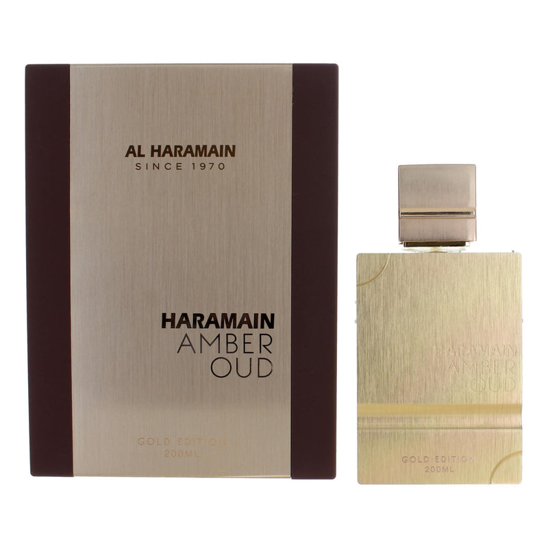 Al Haramain Amber Oud Gold Edition 6.7 oz unisex EDP spray bottle with elegant packaging and gold accents.