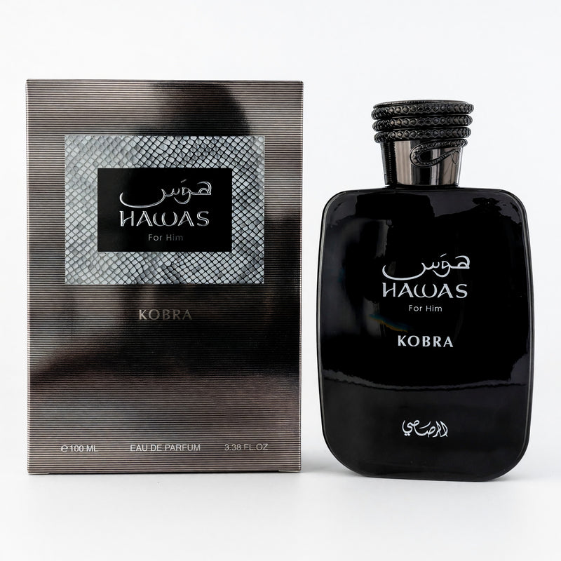 Rasasi Hawas Kobra men's 3.4 oz EDP spray bottle, sleek design, showcasing the fragrance for men with a modern aesthetic.