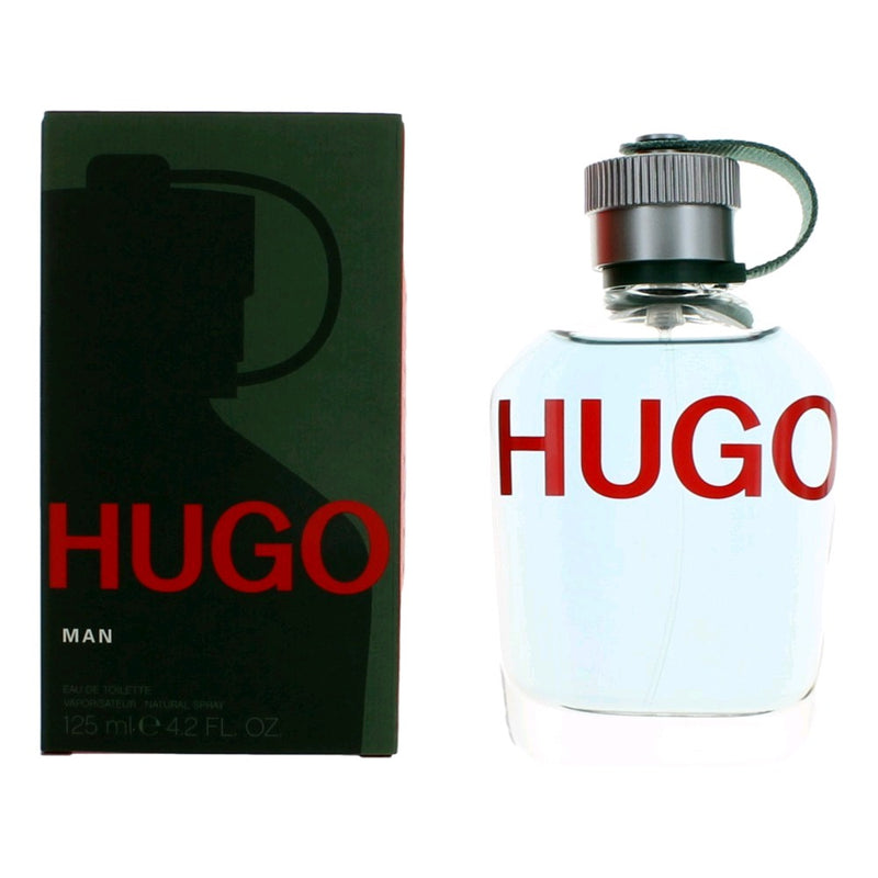 Hugo Boss Hugo 4.2 oz men's Eau de Toilette spray bottle with sleek packaging and clear branding.