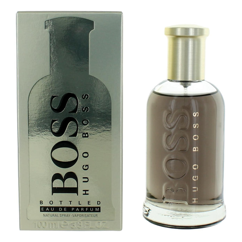 Hugo Boss Boss Bottled 3.3 oz men's Eau de Parfum spray bottle, sleek design with silver cap and transparent glass.