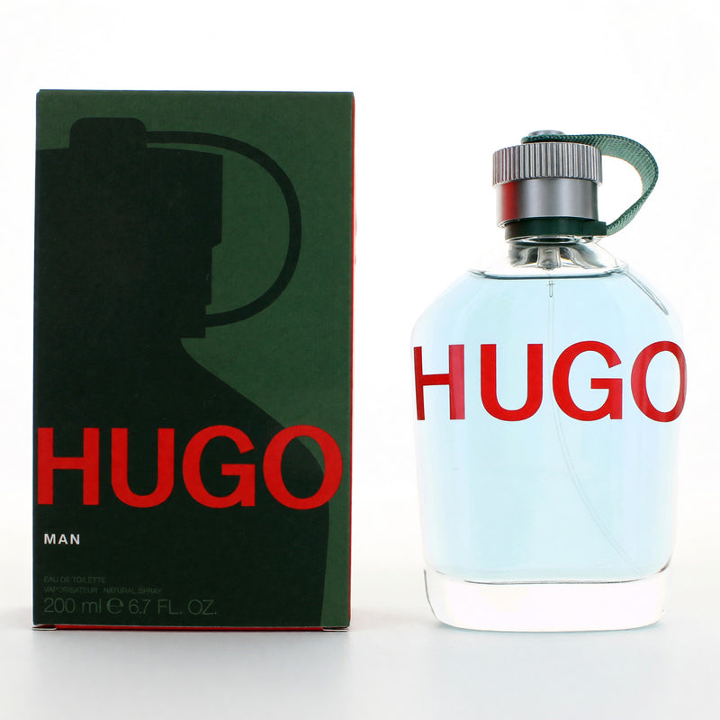 Hugo by Hugo Boss 6.7 oz men's EDT spray bottle with sleek design and Hugo logo, ready for use.