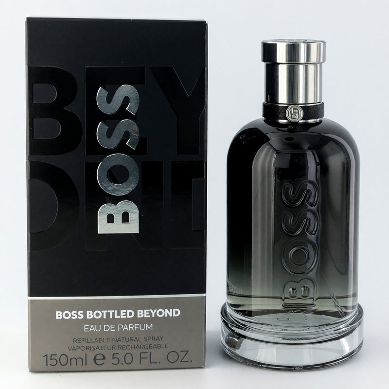 Hugo Boss Boss Bottled Beyond 5 oz refillable men's Eau de Parfum spray bottle with sleek design.