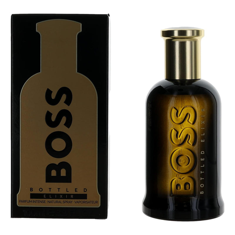Hugo Boss Boss Bottled Elixer 3.4 oz parfum intense spray for men, featuring a sleek bottle with gold accents.