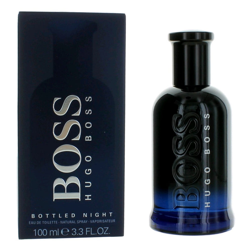 Hugo Boss Boss Bottled Night 3.3 oz men's EDT spray bottle with dark packaging and silver accents.
