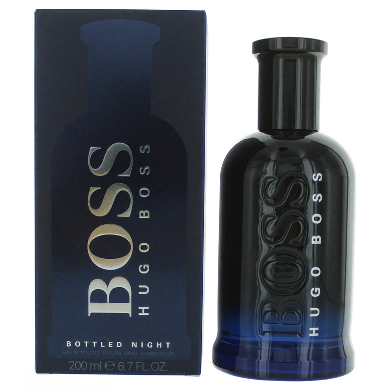 Hugo Boss Boss Bottled Night men's 6.7 oz EDT spray bottle with sleek dark design and silver cap.