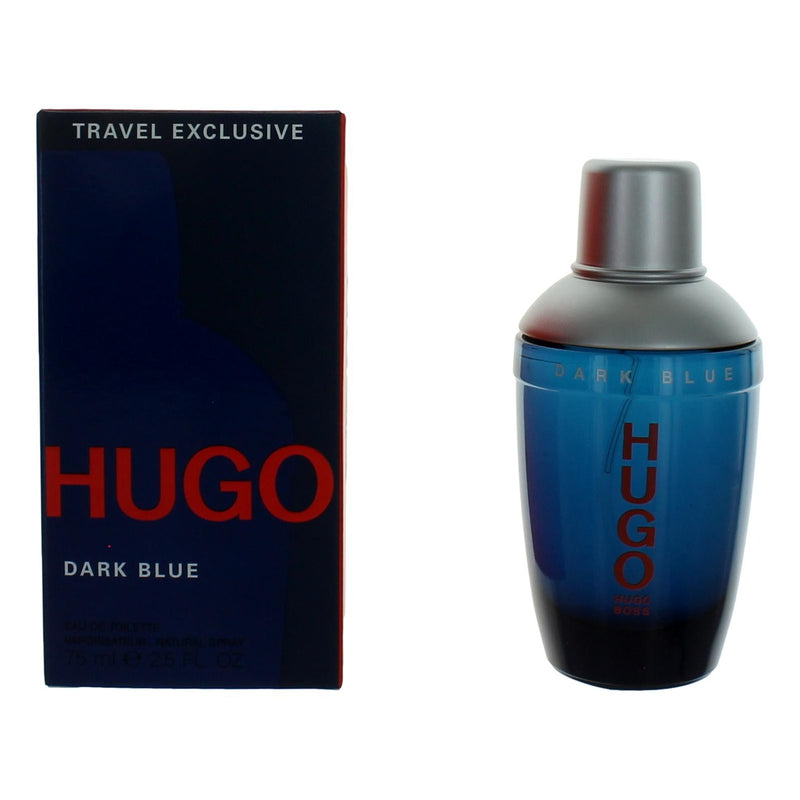 Hugo Boss Hugo Dark Blue 2.5 oz men's EDT spray bottle with dark blue packaging and silver accents.