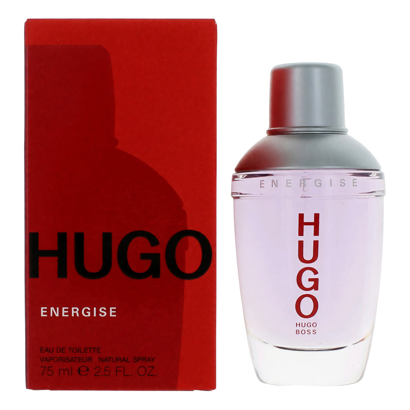 Hugo Energise men's 2.5 oz EDT spray by Hugo Boss, featuring sleek bottle design and branding for modern style.