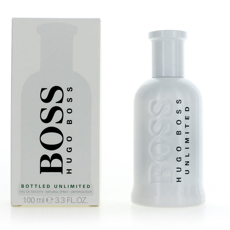 Hugo Boss Boss Bottled Unlimited 3.3 oz men's EDT spray bottle, sleek design with silver cap and transparent glass container.