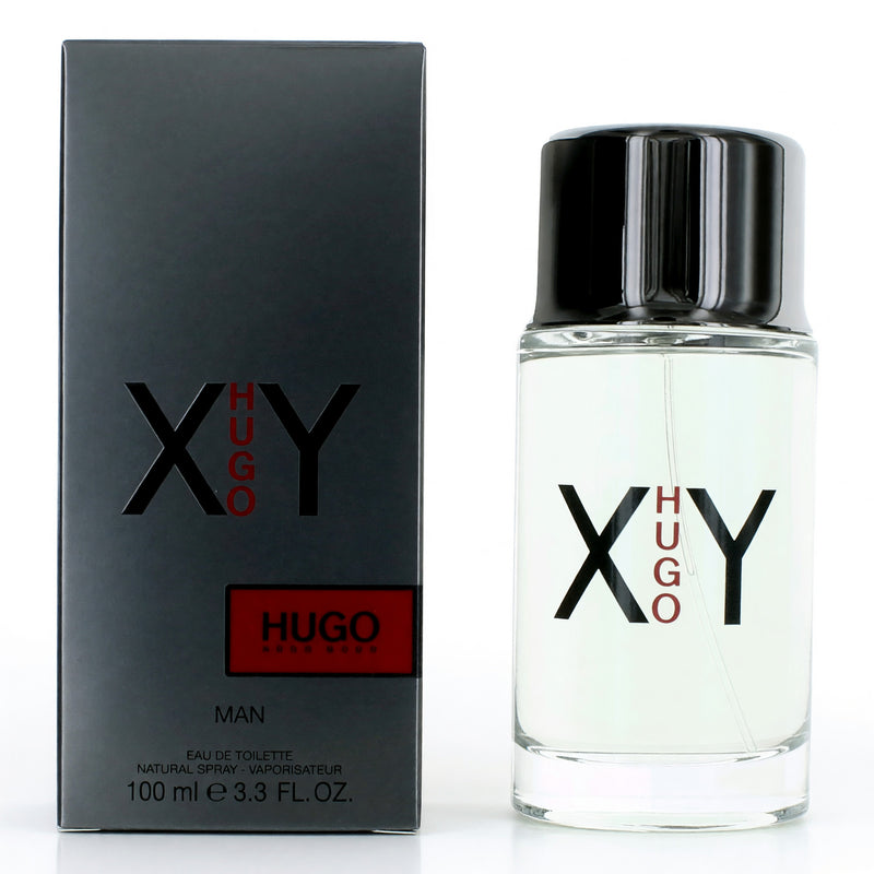Hugo XY by Hugo Boss 3.3 oz men's EDT spray bottle, sleek design with the Hugo Boss logo visible.
