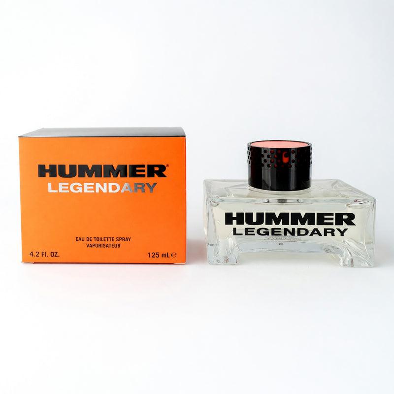 Hummer Legendary men's 4.2 oz EDT spray bottle with sleek packaging, showcasing the Hummer brand and modern design.