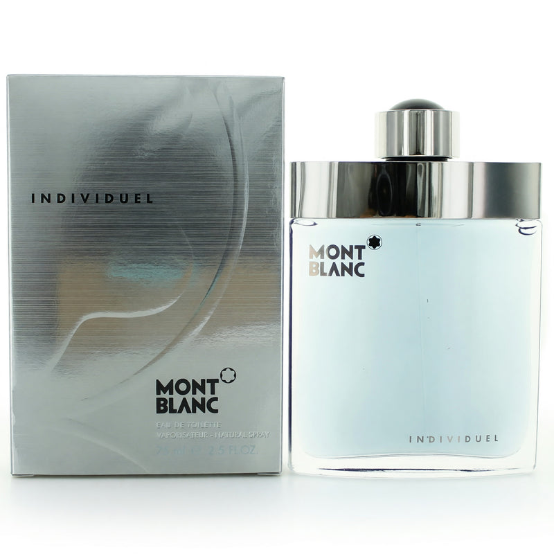 Mont Blanc Individuel 2.5 oz men's EDT spray bottle with sleek design and silver accents.