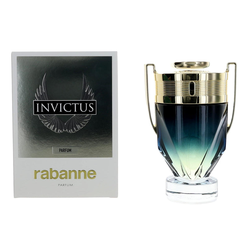 Invictus by Paco Rabanne 3.4 oz parfum spray for men, featuring sleek bottle design and masculine fragrance.