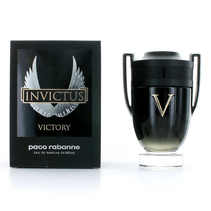 Invictus Victory Paco Rabanne 3.4 oz men's Eau de Parfum spray bottle with sleek black and gold design.