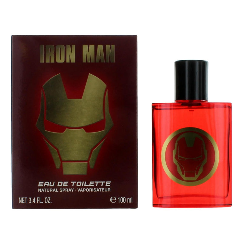 Marvel Iron Man 3.4 oz men's EDT spray bottle with Iron Man graphic and sleek design for a bold, masculine fragrance.