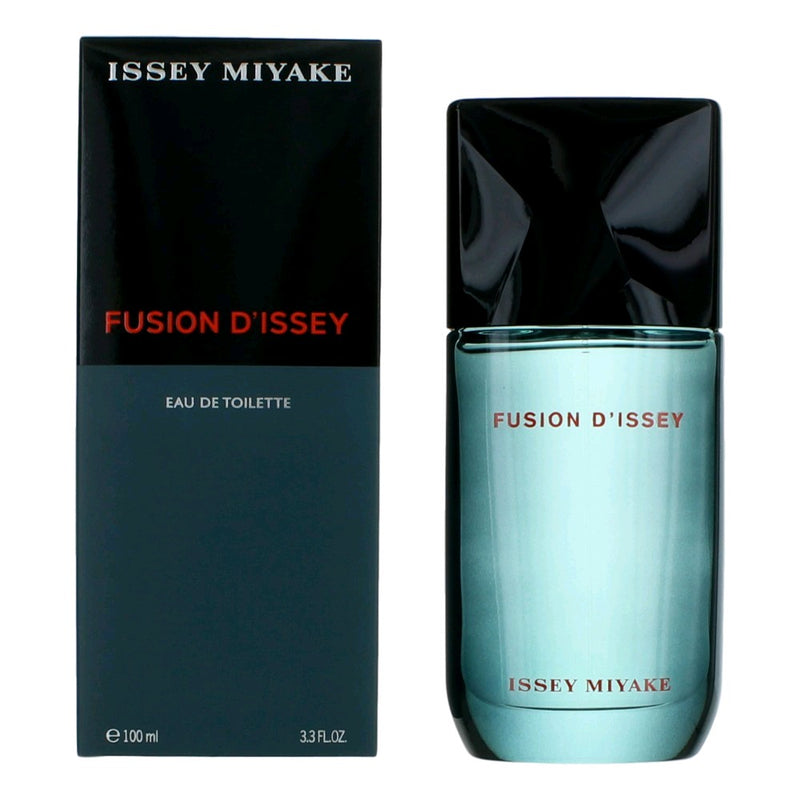 Issey Miyake Fusion D'Issey 3.3 oz men's EDT spray bottle with sleek design and silver cap.