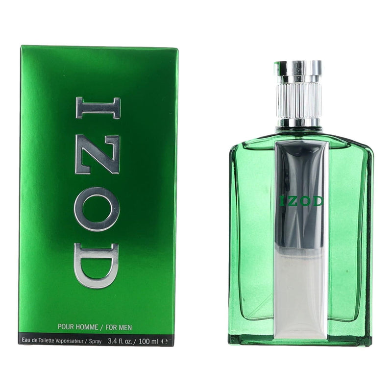 Izod Legacy Green men's 3.4 oz EDT spray bottle with green packaging and spray nozzle, showcasing the Izod brand fragrance.