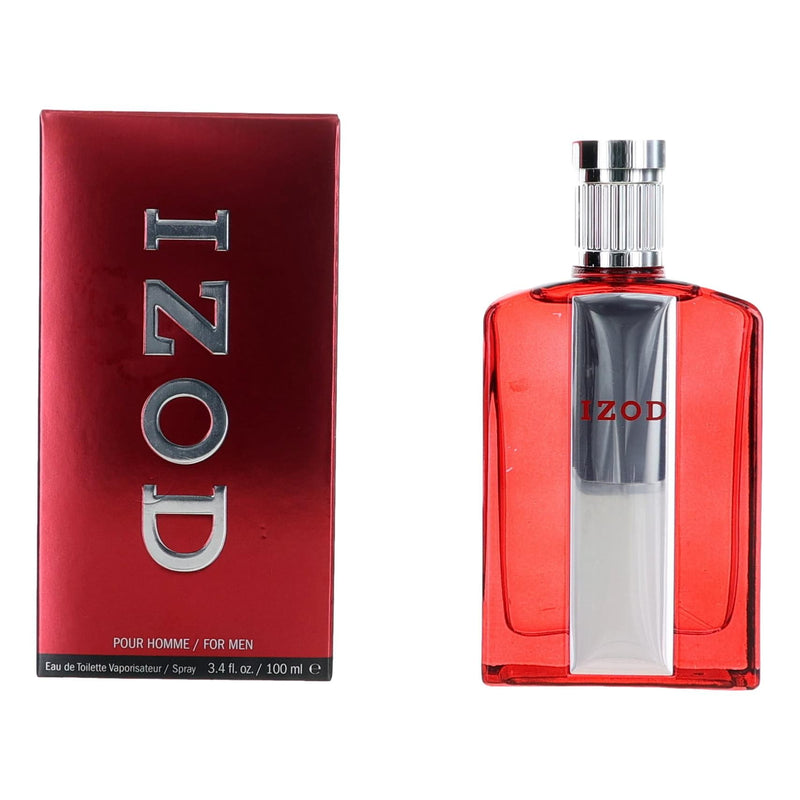 Izod Legacy Red men's 3.4 oz EDT spray bottle with red packaging and brand logo, showcasing the fragrance container.