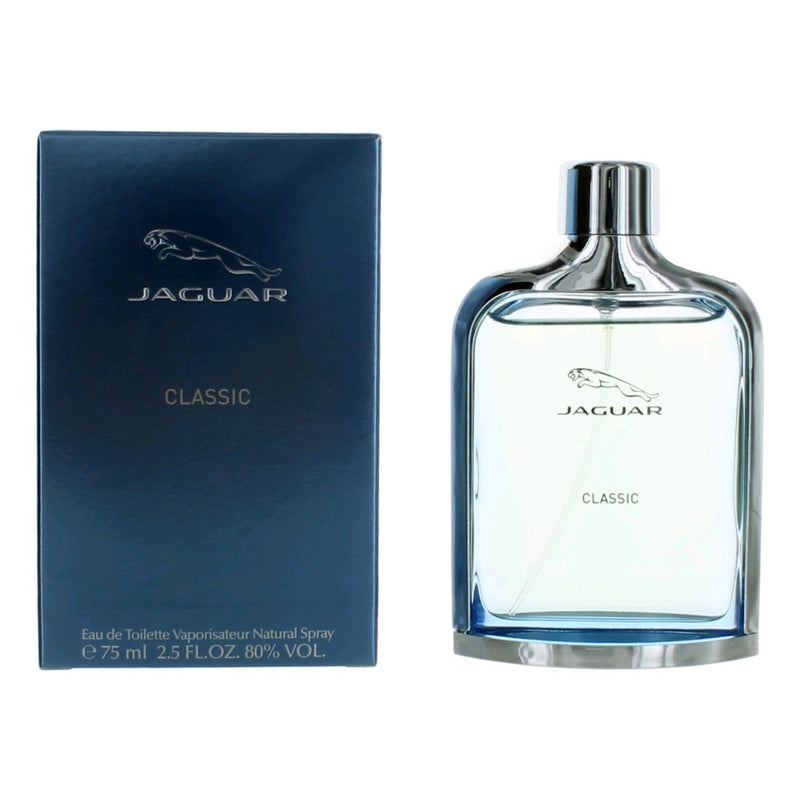 Jaguar Classic Blue men's 2.5 oz EDT spray bottle with sleek blue packaging and silver cap, showcasing the Jaguar fragrance.