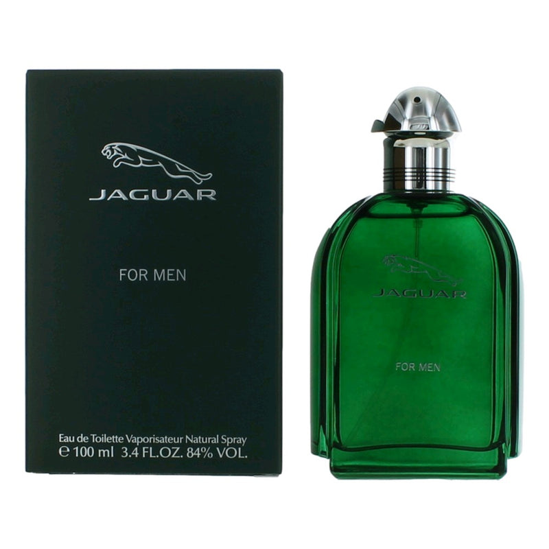 Jaguar by Jaguar men's 3.4 oz EDT spray bottle, sleek design and packaging, representing a sophisticated fragrance for men.
