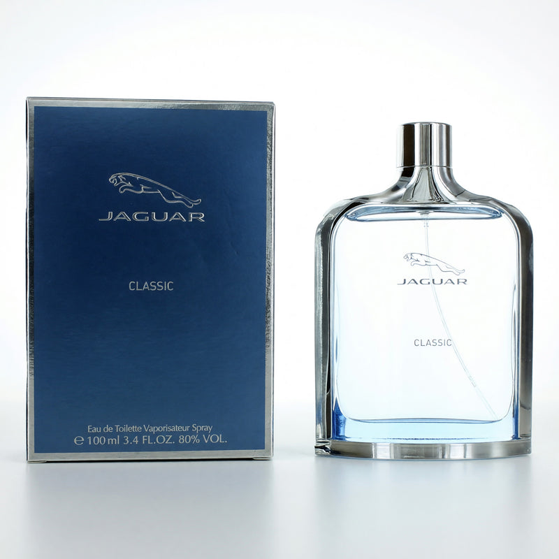 Jaguar Classic Blue men's 3.4 oz EDT spray bottle with sleek blue packaging and silver accents.