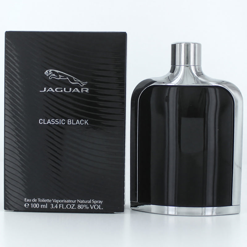 Jaguar Classic Black 3.4 oz men's EDT spray bottle, sleek black packaging, designed for sophisticated style and timeless fragrance.