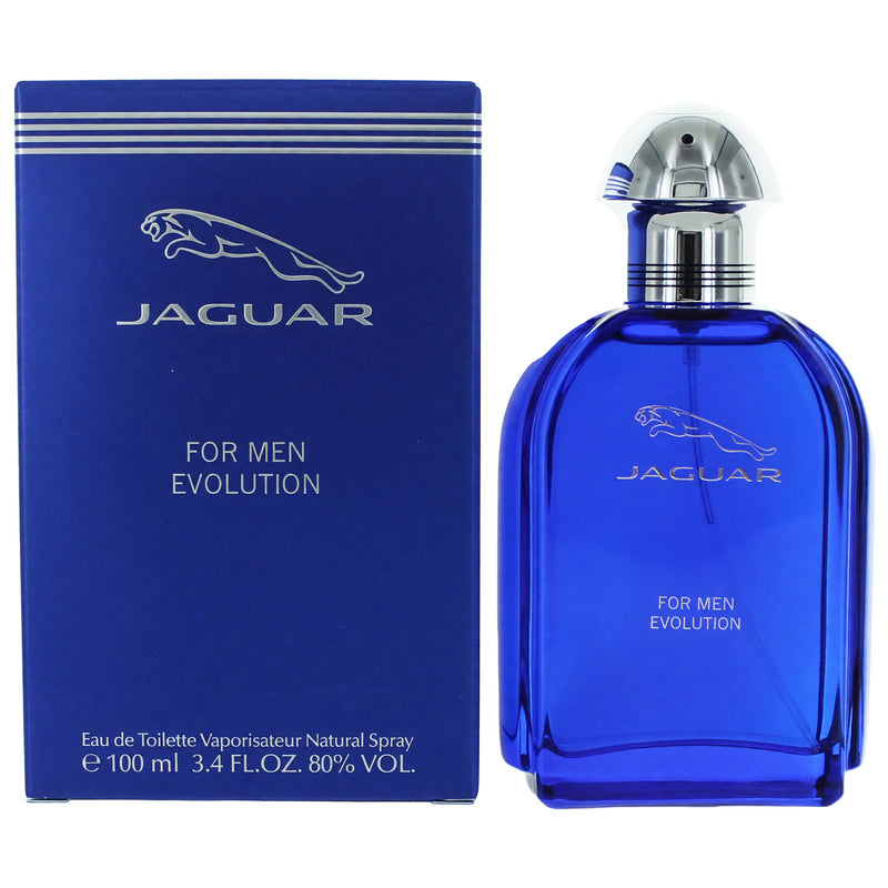 Jaguar Evolution men's 3.4 oz EDT spray bottle, sleek design with silver accents and clear branding, ready for use.