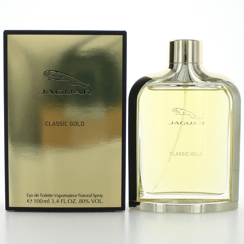 Jaguar Classic Gold men's 3.4 oz EDT spray bottle with sleek gold cap and elegant packaging, showcasing luxury fragrance.