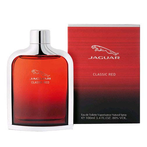 Jaguar Classic Red 3.4 oz men's EDT spray bottle with sleek packaging, showcasing the iconic Jaguar branding.