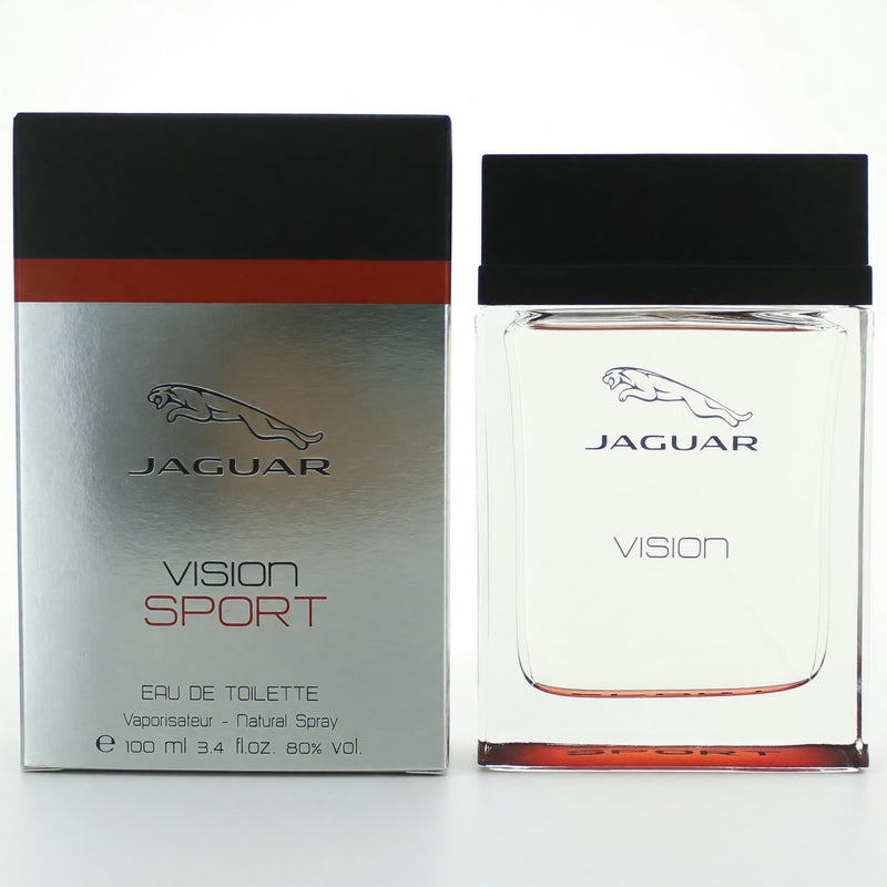 Jaguar Vision Sport men's 3.4 oz EDT spray bottle with sleek design and silver cap, showcasing the Jaguar brand logo.