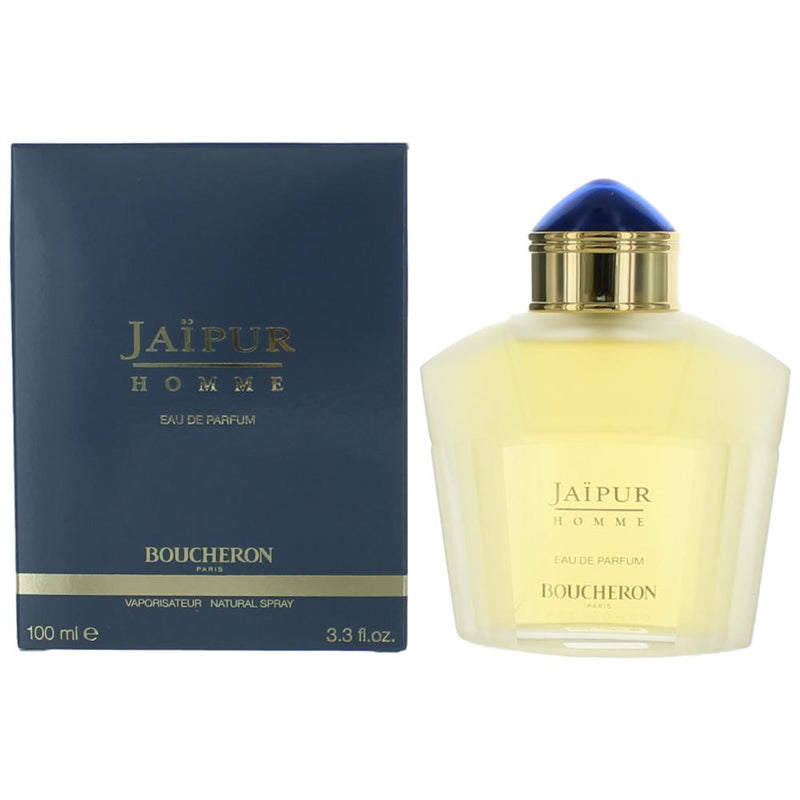 Boucheron Jaipur Homme 3.3 oz men's eau de parfum spray bottle with decorative cap and elegant packaging.