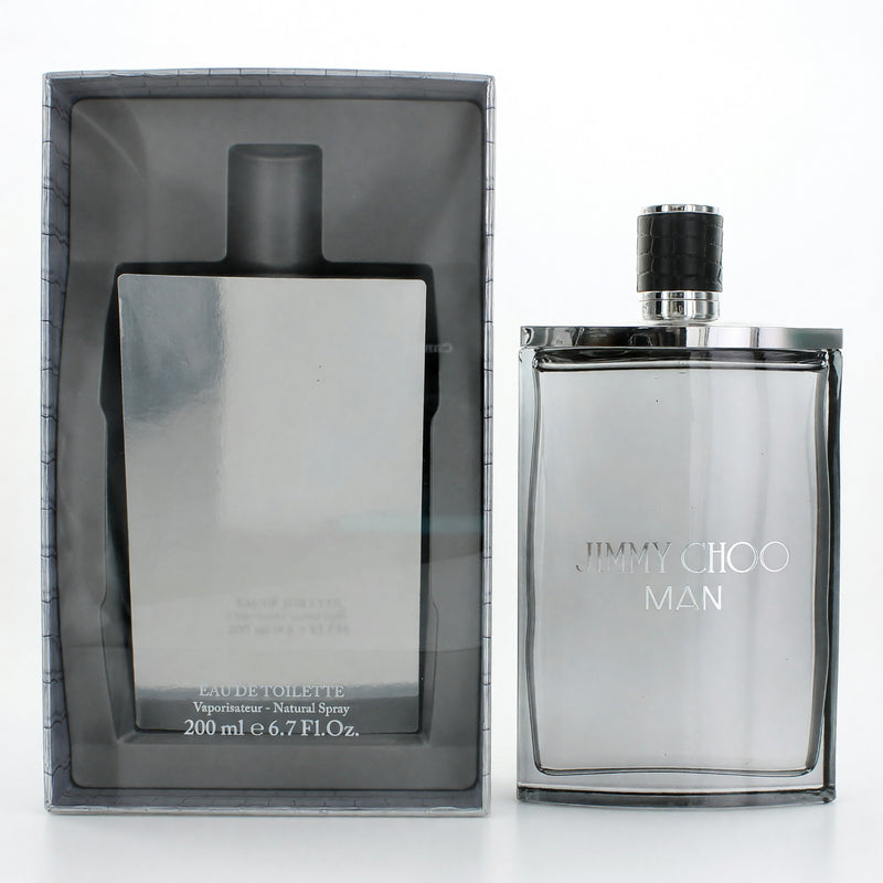 Jimmy Choo Man 6.7 oz men's EDT spray bottle with sleek silver cap and modern design.