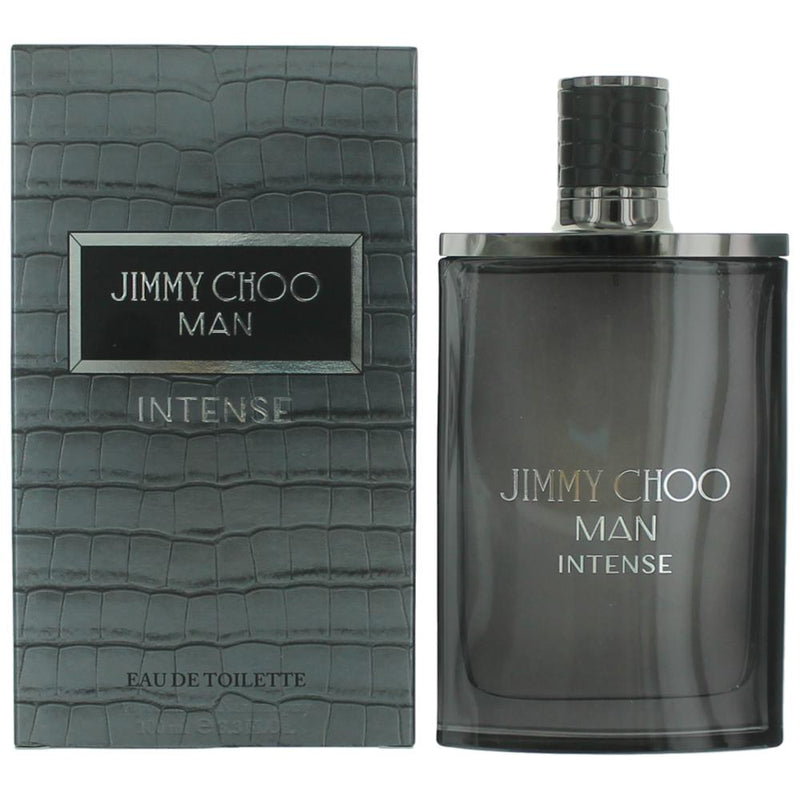Jimmy Choo Man Intense 3.3 oz men's EDT spray bottle with sleek design and Jimmy Choo branding visible.