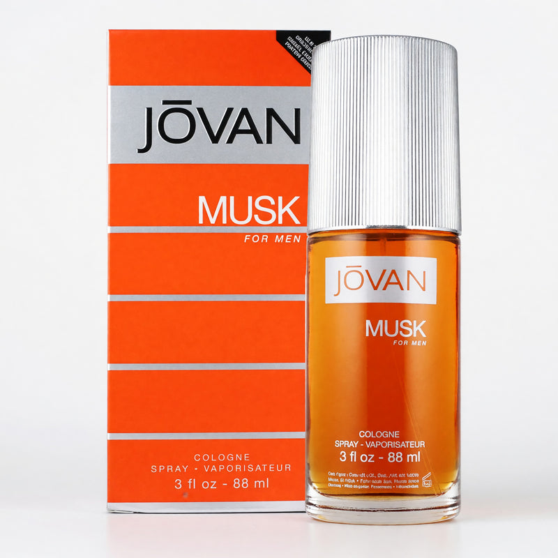 Coty Jovan Musk 3 oz men's cologne spray bottle with a sleek design and gold accents, displayed against a neutral background.