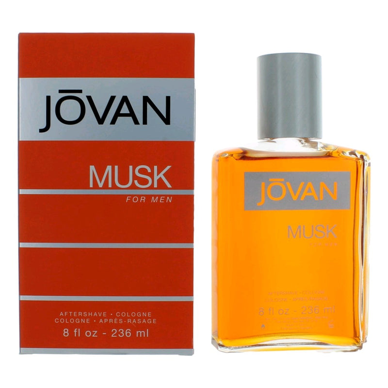 Coty Jovan Musk 8 oz men's after shave and cologne bottle with sleek design and clear label, displayed on a neutral background.